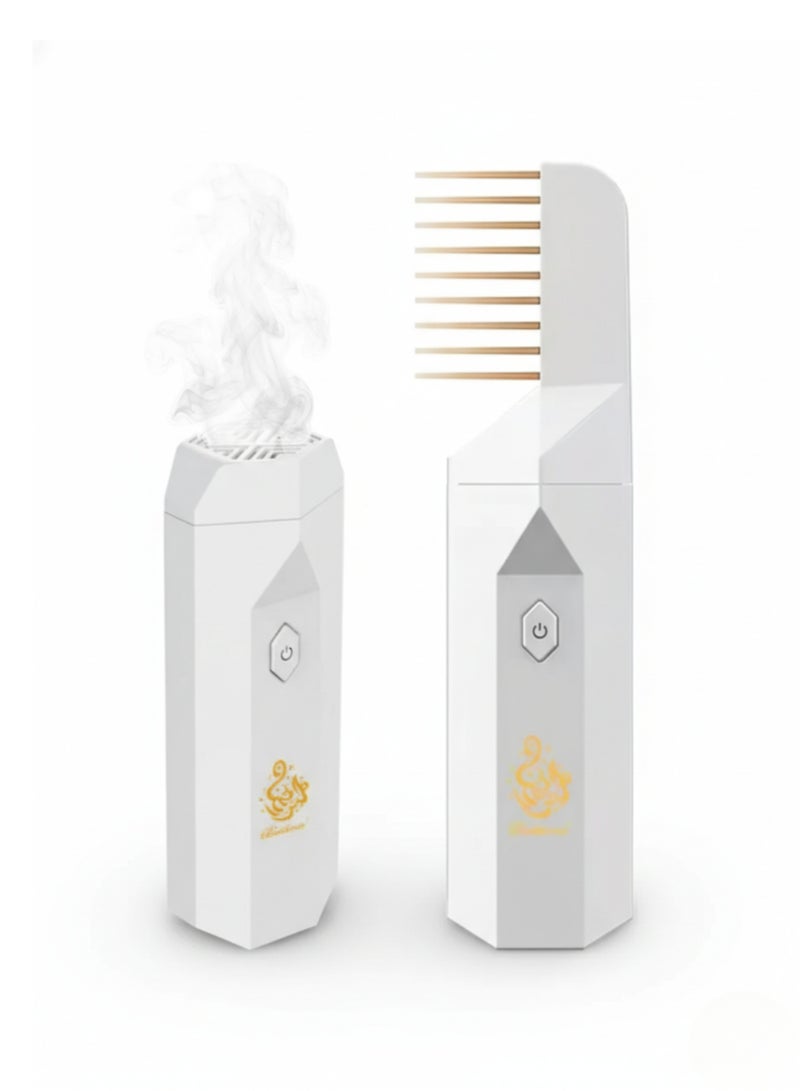 Bukhoor 2-in-1 Electric Bakhoor Incense Burner Hair Comb Diffuser USB Rechargeable Arabic Aroma – White - Image 1